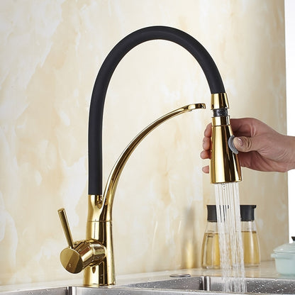 Two-Tone Modern Single-Hole Pull-Down Kitchen Faucet, Single-Handle Brass Faucet with Dual-Mode Swivel Spout