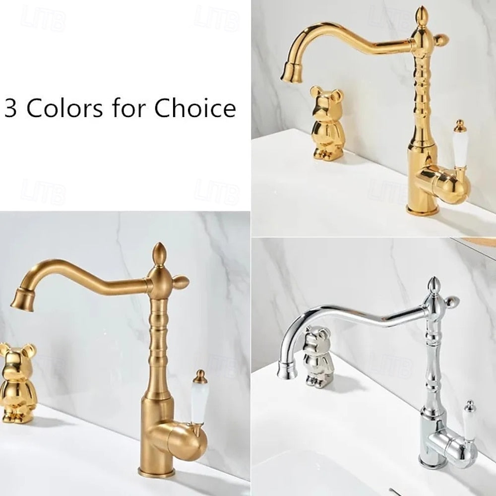 Traditional High-Arc Swivel Spout Bathroom Sink Faucet, Single-Handle Single-Hole Bathroom Faucet, Chrome / Antique Brass / Polished Gold