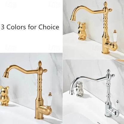 Traditional High-Arc Swivel Spout Bathroom Sink Faucet, Single-Handle Single-Hole Bathroom Faucet, Chrome / Antique Brass / Polished Gold
