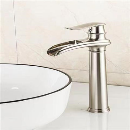 Waterfall Single-Hole Bathroom Faucet, Single-Handle Brass Faucet, Chrome / Matte Black / Brushed Nickel / Antique Brass / PVD