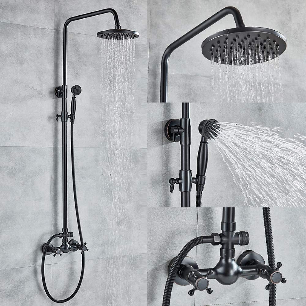 Oil-Rubbed Bronze Antique Rainfall Shower System, Wall-Mounted Brass Dual-Handle Shower Faucet with Handheld Shower
