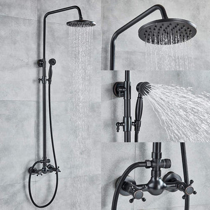 Oil-Rubbed Bronze Antique Rainfall Shower System, Wall-Mounted Brass Dual-Handle Shower Faucet with Handheld Shower