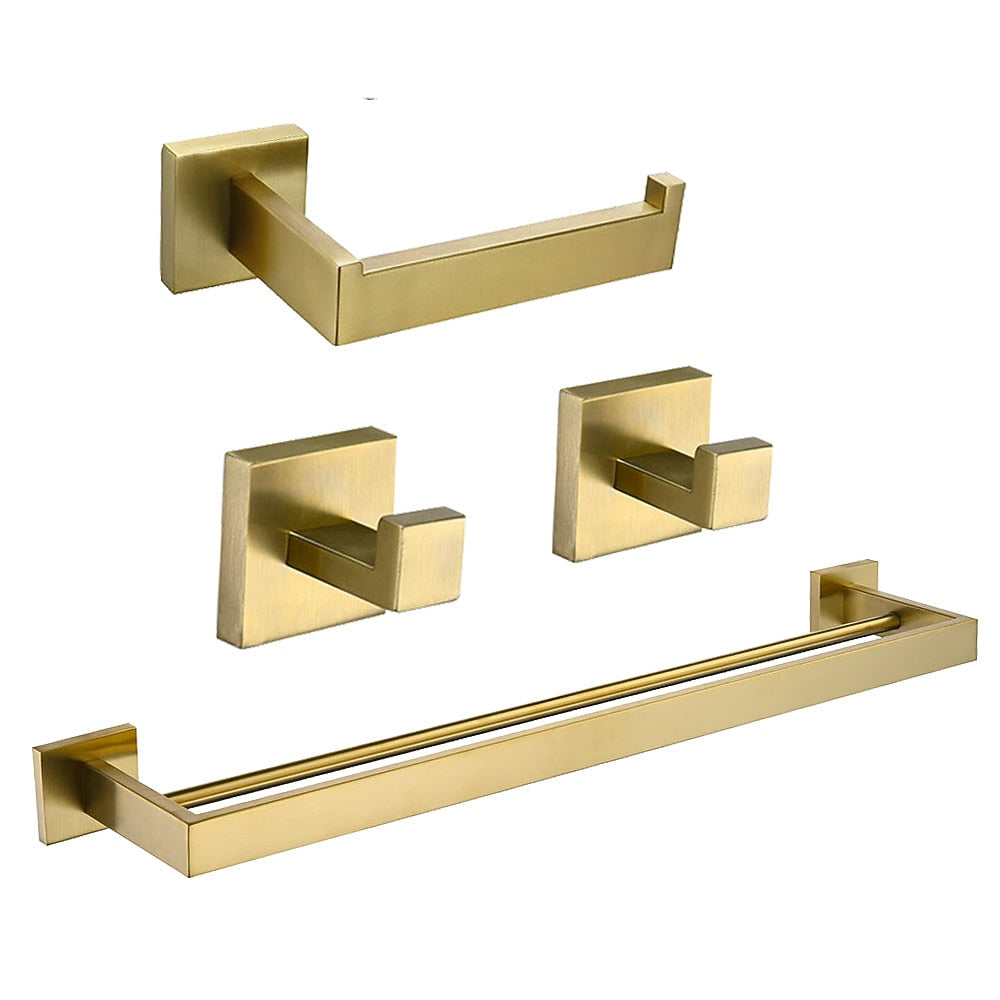 Brushed Gold Modern Wall-Mounted Bathroom Hardware Set, Stainless Steel Bathroom Accessory Set with Towel Bar / Toilet Paper Holder / Robe Hooks