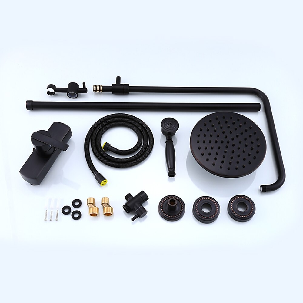 Antique Oil-Rubbed Bronze Wall-Mount Exposed Pipe Tub Shower System, Complete Brass Shower Faucet with Rain Shower Head / Handheld Shower