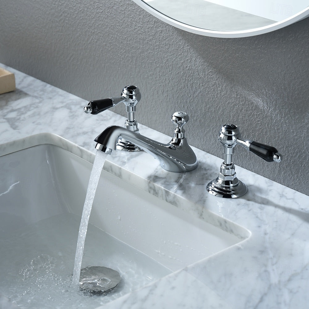Vintage Widespread Bathroom Faucet, Double-Handle 3-Hole Sink Faucet, Chrome / Polished Gold
