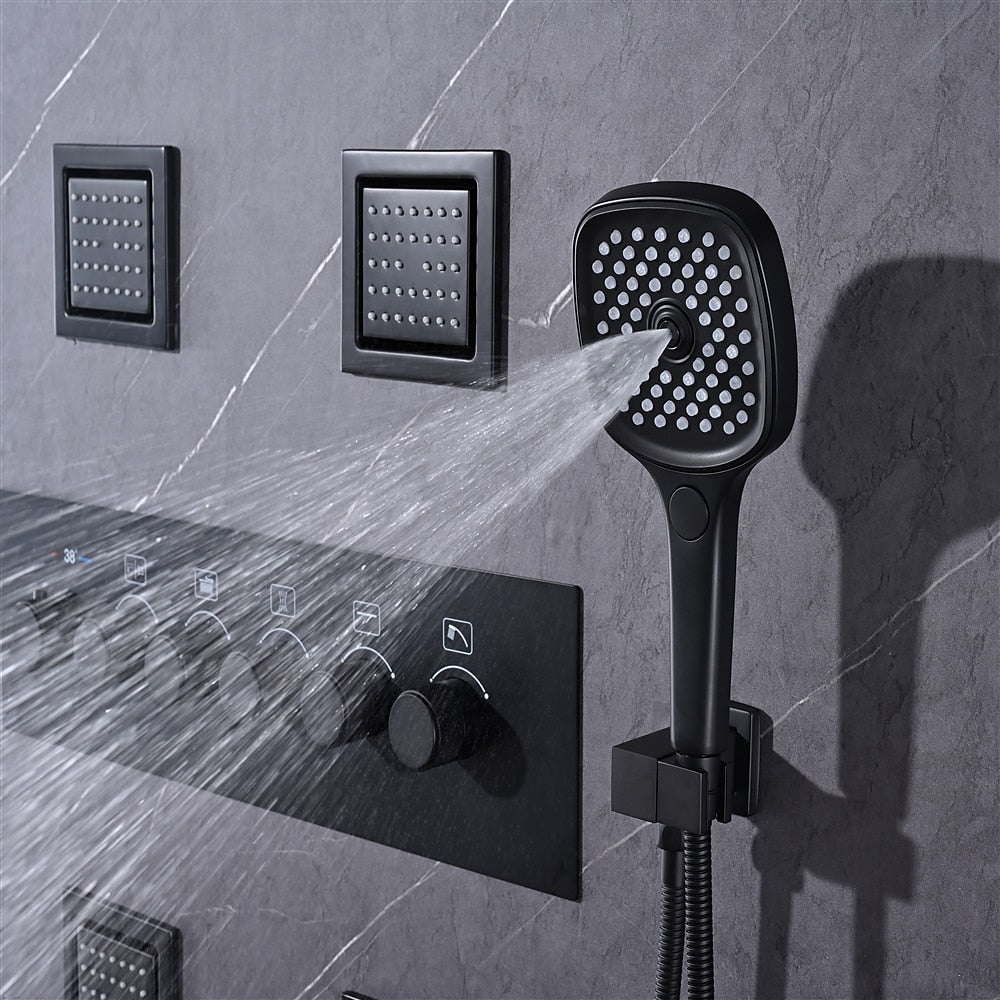 Matte Black Thermostatic Waterfall Rainfall Contemporary Shower System, Wall-Mount 5-Function Brass Faucet with Handheld Shower