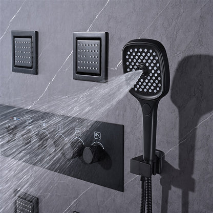 Matte Black Thermostatic Waterfall Rainfall Contemporary Shower System, Wall-Mount 5-Function Brass Faucet with Handheld Shower