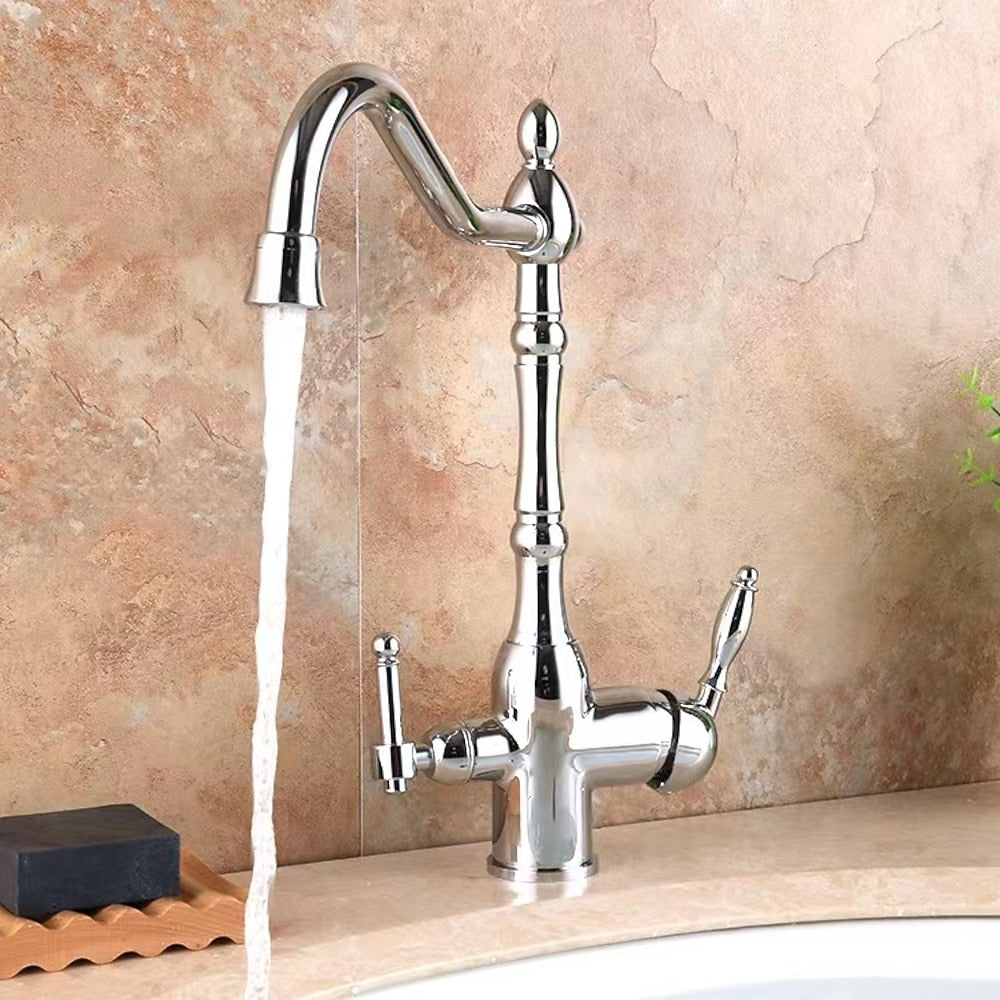 Traditional Brass 3-Way Purified Water Kitchen Faucet, Dual-Handle Swivel Spout Faucet, Antique Brass / Chrome / Matte Black / Polished Gold