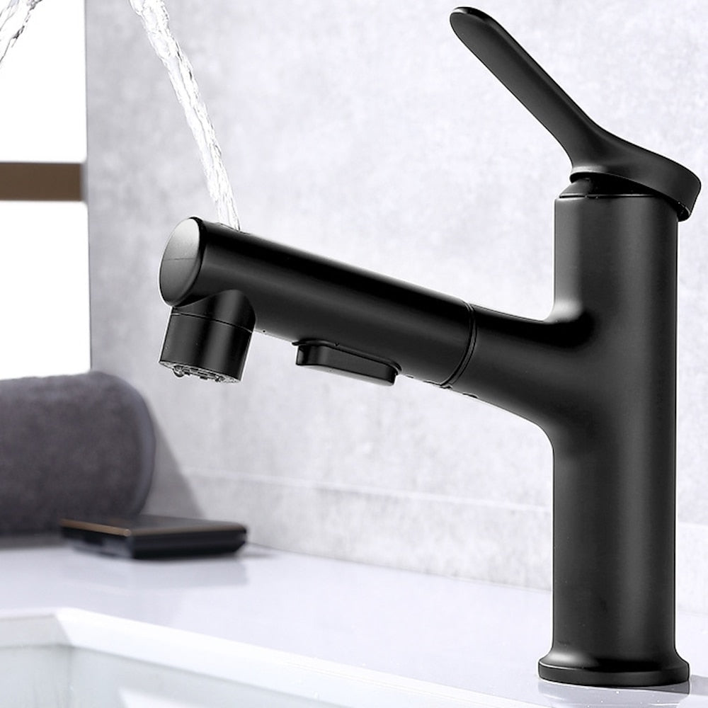 Pull-Out Single-Hole Bathroom Faucet, Single-Handle Basin Tap, Matte Black / Chrome