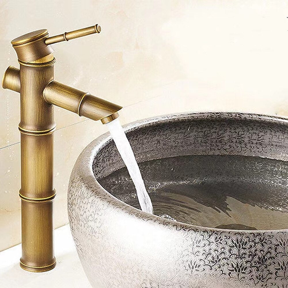 Antique Brass Vintage Single-Hole Faucet, Single-Handle Bamboo Vessel Sink Faucet