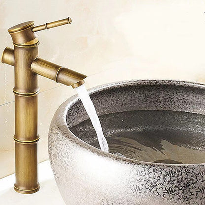 Antique Brass Vintage Single-Hole Faucet, Single-Handle Bamboo Vessel Sink Faucet