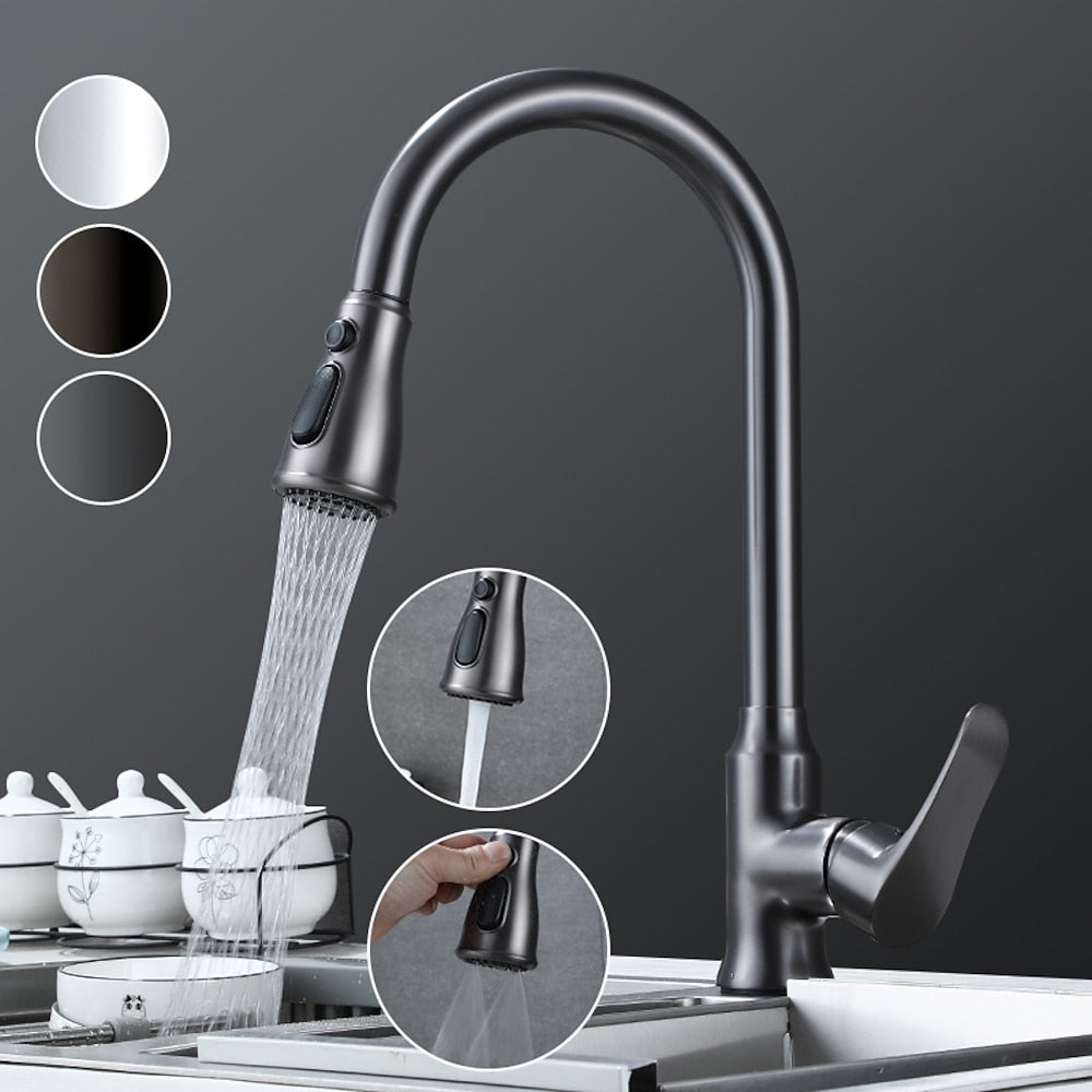 Modern Pull-Down Kitchen Faucet, Single-Handle High-Arc Brass Faucet, Chrome / Gunmetal / Matte Black