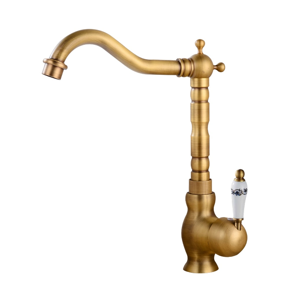 Retro High Arc Vessel Faucet, Single-Handle Brass Swivel Spout Faucet, Antique Brass / Chrome / Polished Gold