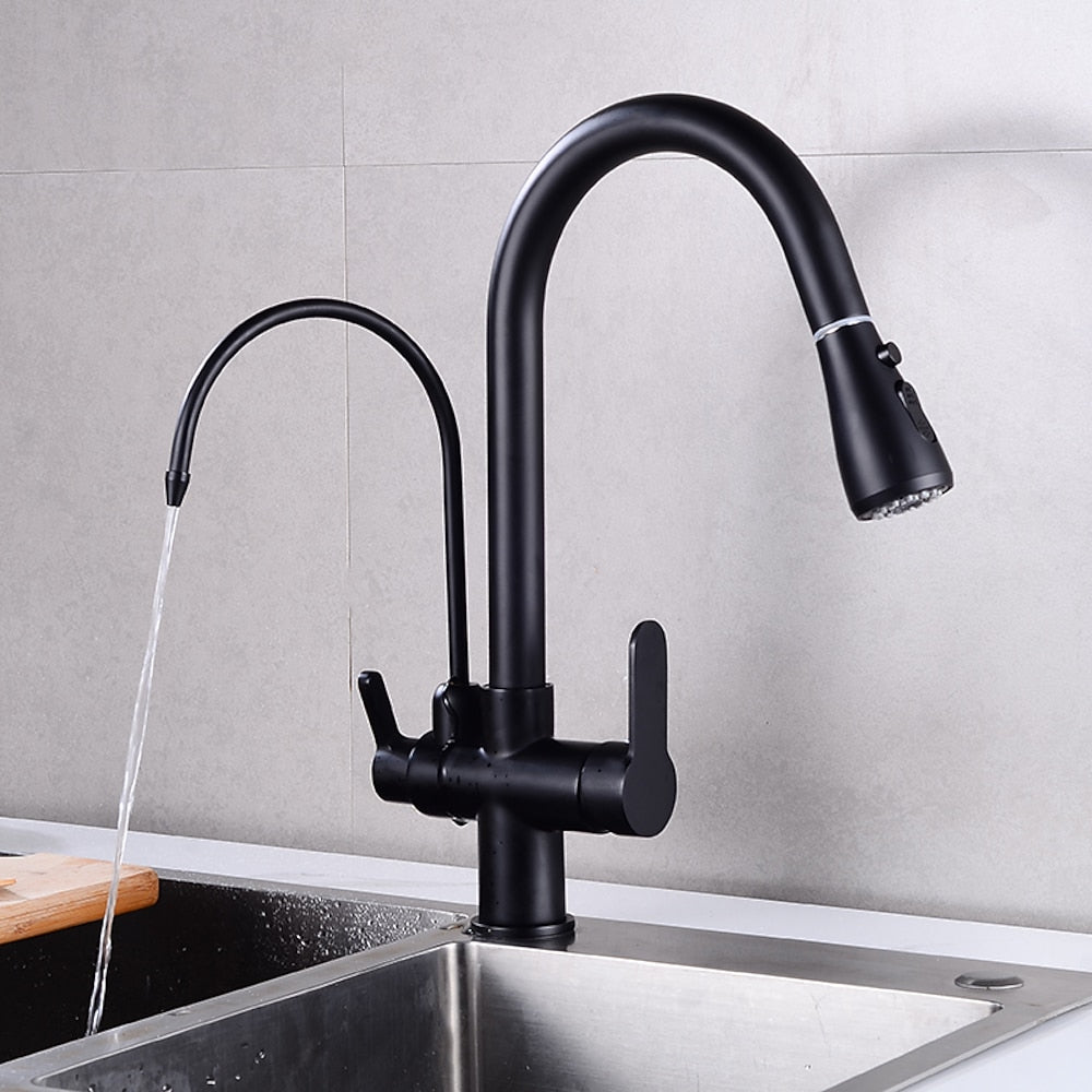 Modern 3-Way Pull-Down Kitchen Faucet, Dual-Handle Swivel Gooseneck Faucet, Gunmetal / Matte Black / Chrome / Matte White / Two-Tone / Antique Brass / Brushed Gold / Brushed Nickel