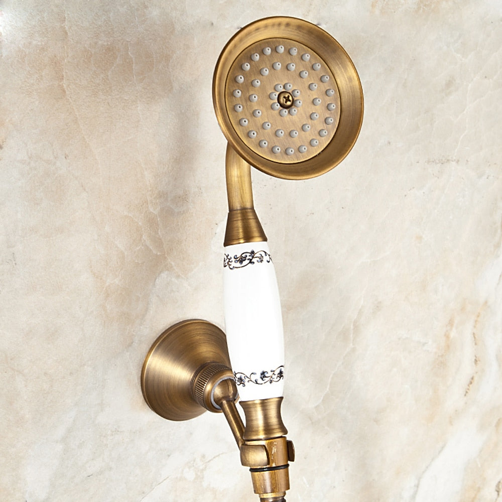 Antique Brass Wall-Mount Tub Filler Faucet, Double Cross Handle Telephone Bath Mixer Tap with Handheld Shower