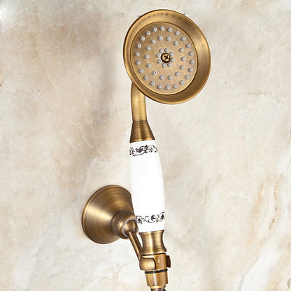 Antique Brass Wall-Mount Tub Filler Faucet, Double Cross Handle Telephone Bath Mixer Tap with Handheld Shower