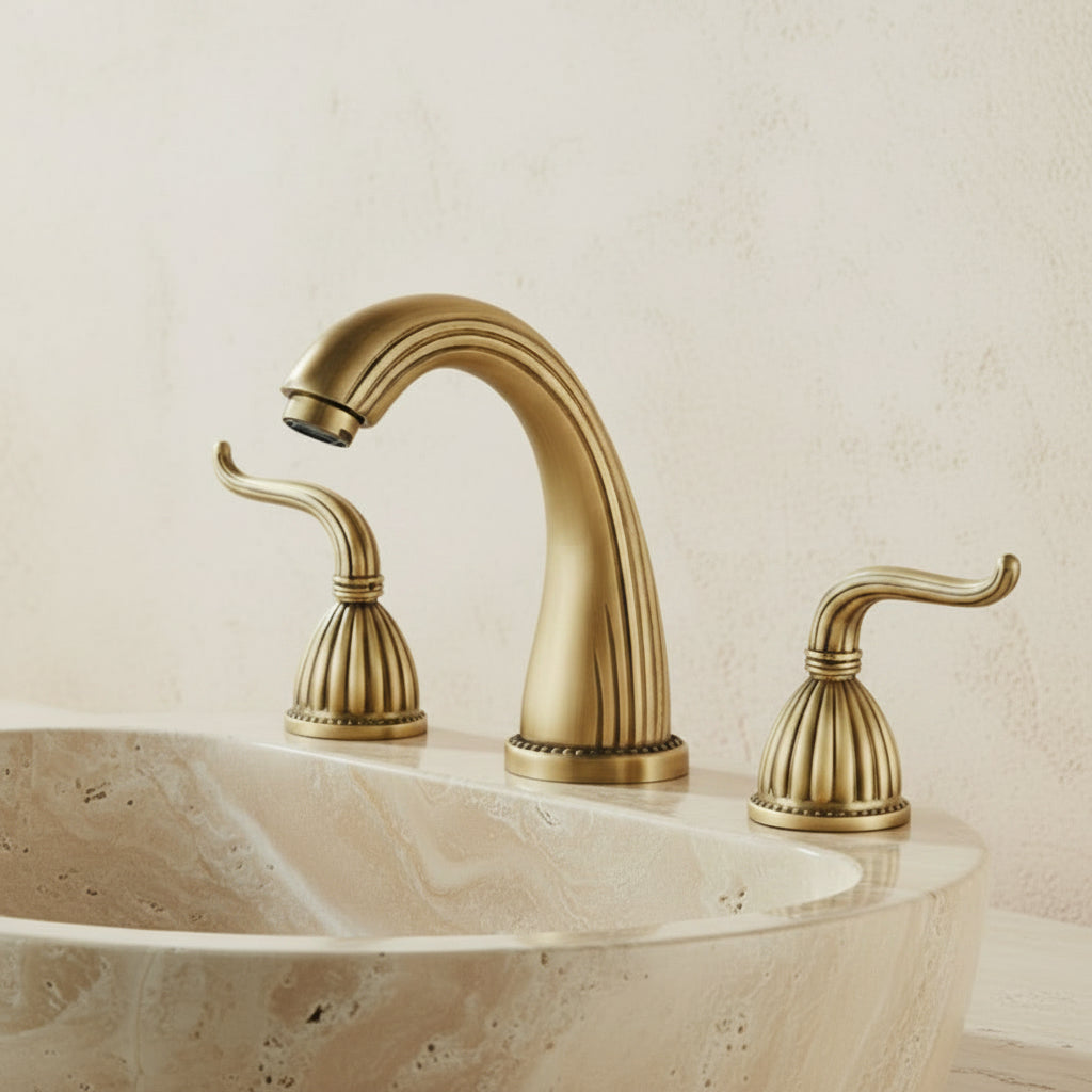 Traditional 3-Hole Widespread Bathroom Faucet, High Arc Brass Spout Faucet, Antique Brass / Matte Black