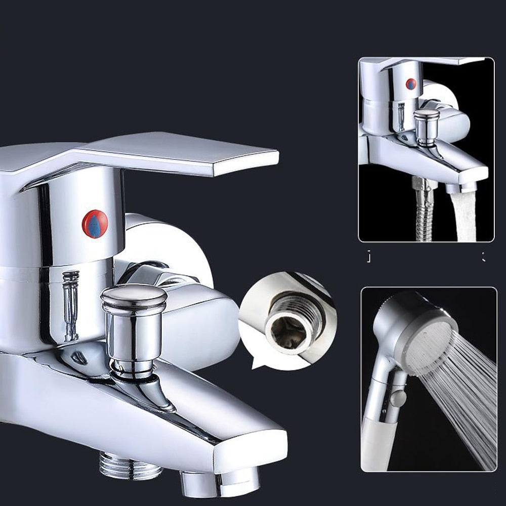 Modern Chrome Wall-Mount Tub Faucet, Single-Handle Brass Tub Filler with Handheld Shower