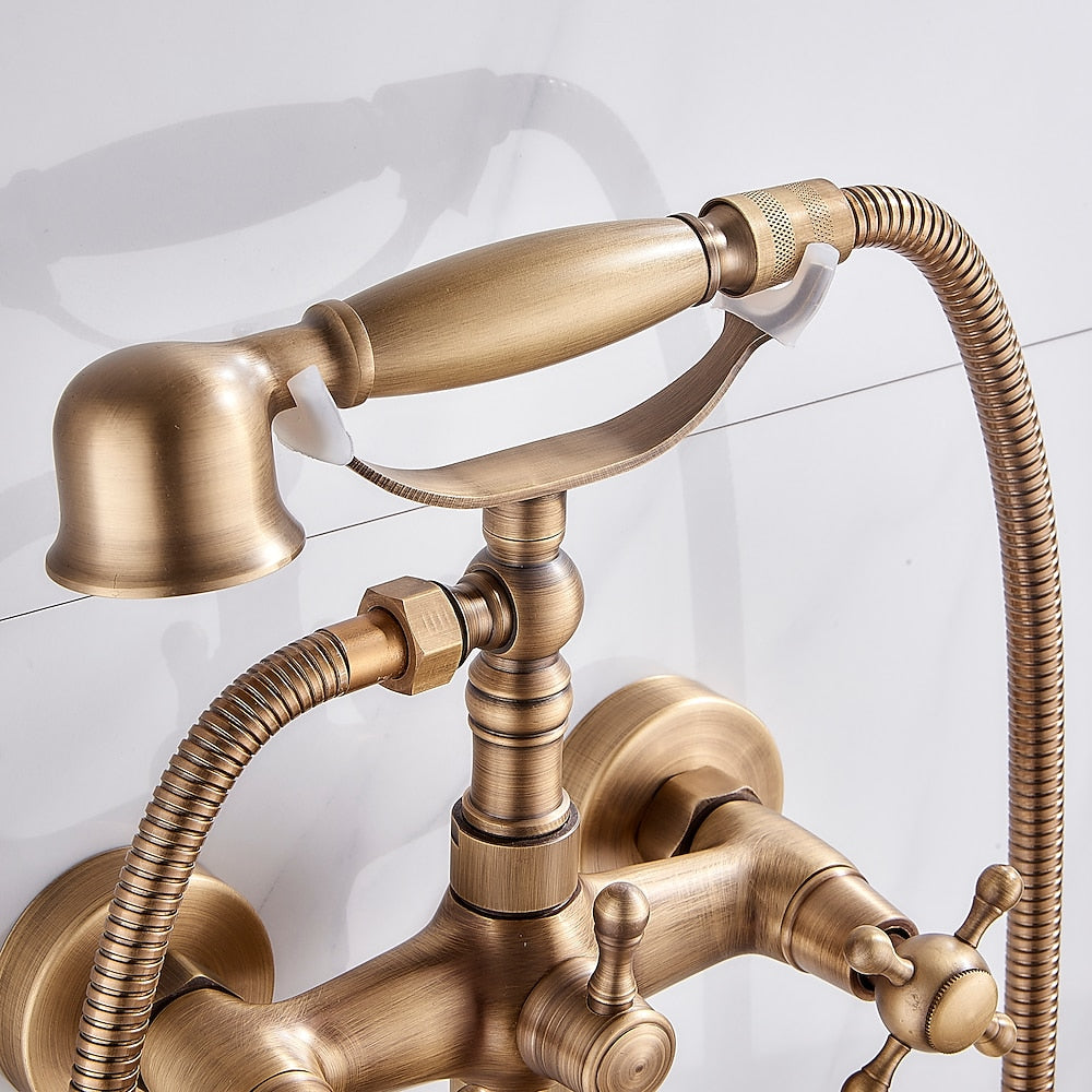 Antique Brass Wall-Mount Bathtub Faucet, Dual-Handle Tub Filler Faucet with Handshower