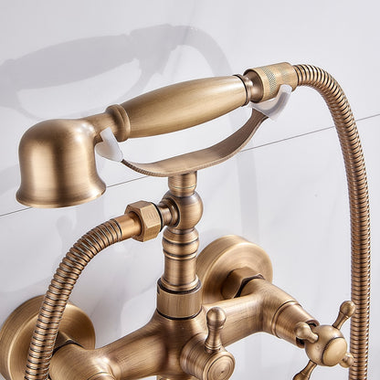Antique Brass Wall-Mount Bathtub Faucet, Dual-Handle Tub Filler Faucet with Handshower