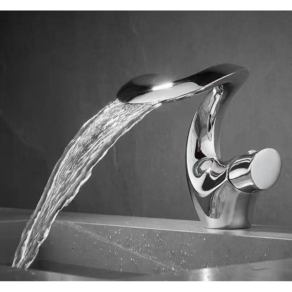 Waterfall Single-Hole Bathroom Faucet, Single-Handle Brass Deck Mount Faucet, Brushed Gold / Chrome / Matte Black / Matte White
