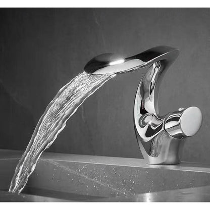 Waterfall Single-Hole Bathroom Faucet, Single-Handle Brass Deck Mount Faucet, Brushed Gold / Chrome / Matte Black / Matte White