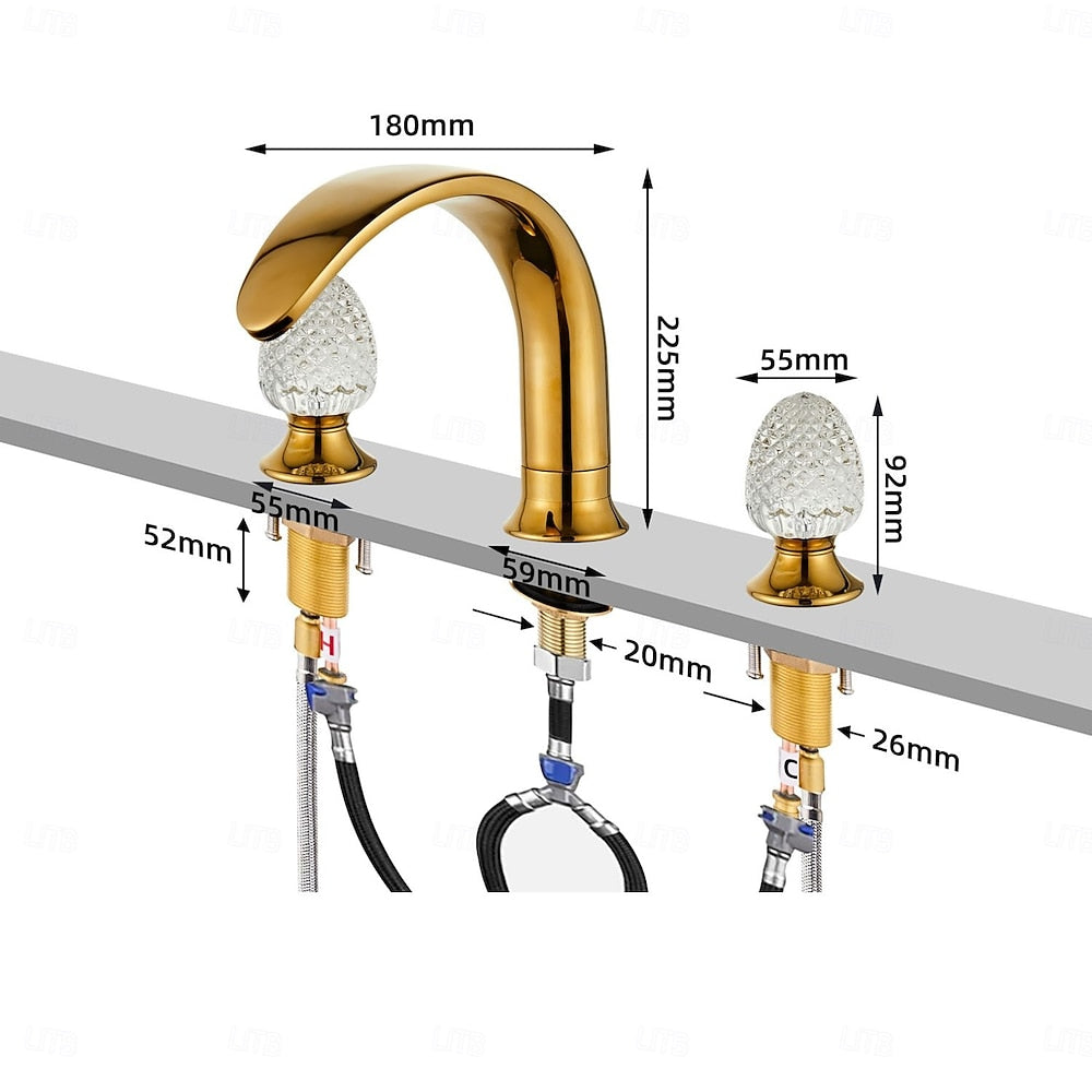 Polished Gold Widespread Bathroom Faucet with Crystal Knob Handles, Dual-Handle 360-Degree Swivel Spout Faucet
