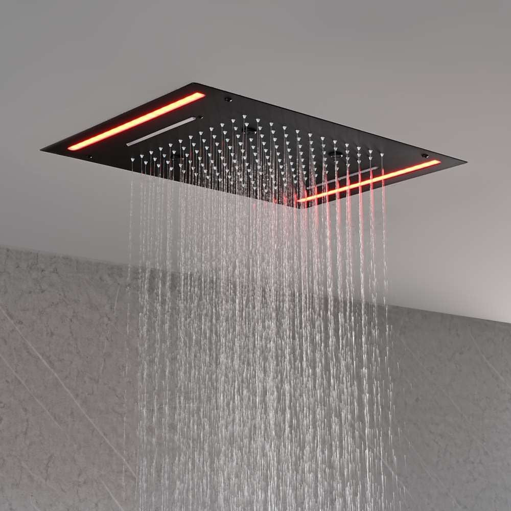 Matte Black LED Thermostatic Waterfall Shower System, Ceiling-Mounted Rainfall Shower Faucet Set with Handheld Shower