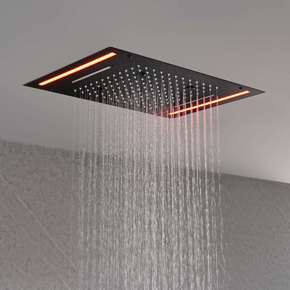 Matte Black LED Thermostatic Waterfall Shower System, Ceiling-Mounted Rainfall Shower Faucet Set with Handheld Shower
