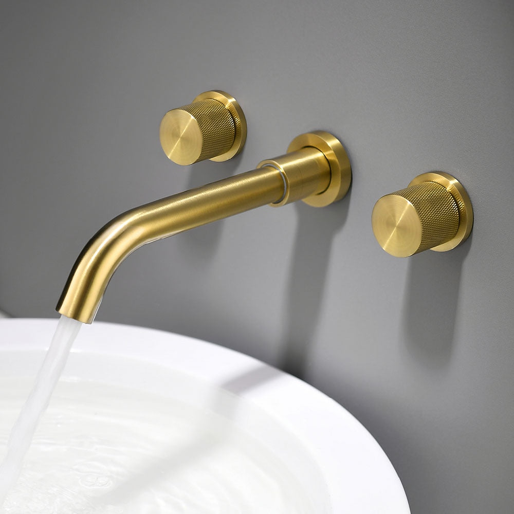 Brushed Gold Modern Wall-Mount Bathroom Sink Faucet, Dual-Handle Brass Faucet with Knurled Handles
