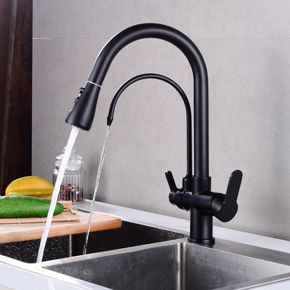 Modern 3-Way Pull-Down Kitchen Faucet, Dual-Handle Swivel Gooseneck Faucet, Gunmetal / Matte Black / Chrome / Matte White / Two-Tone / Antique Brass / Brushed Gold / Brushed Nickel