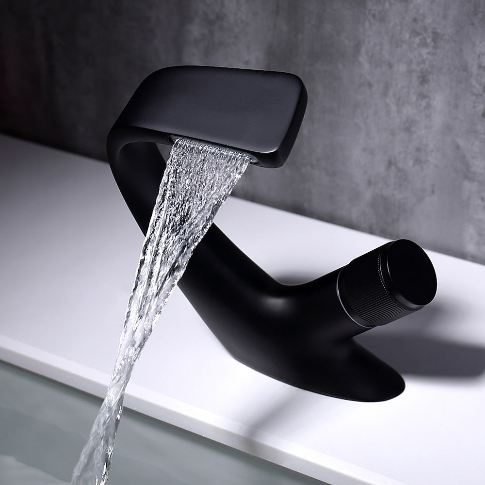 Modern Waterfall Bathroom Faucet, Single-Hole Brass Vessel Sink Faucet
