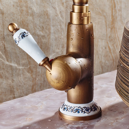 Antique Brass Traditional Single-Hole Bathroom Faucet, Single-Handle High Arc Vessel Sink Faucet with Ceramic Lever