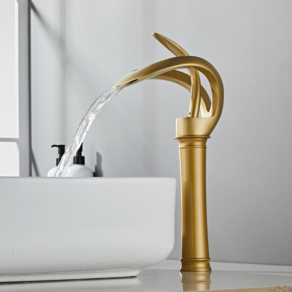Modern Single-Hole Waterfall Vessel Faucet, Single-Handle Tall Body Bathroom Faucet, Matte Black / Chrome / Brushed Gold / Gunmetal / Matte White