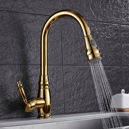 Polished Gold Single-Hole Pull-Down Kitchen Faucet, High Arc Swivel Brass Faucet