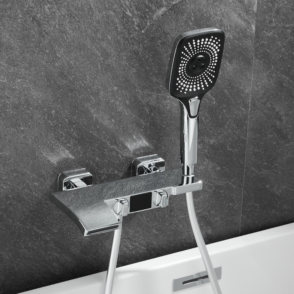 Wall-Mount Waterfall Tub Faucet, Dual-Handle Bath Mixer Tap with Handheld Shower