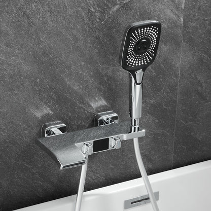 Wall-Mount Waterfall Tub Faucet, Dual-Handle Bath Mixer Tap with Handheld Shower