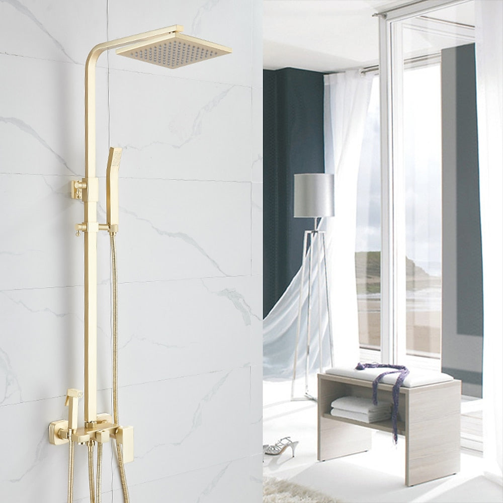 Brushed Gold Wall-Mounted Rainfall Shower System, Handheld Shower / Tub Spout Faucet