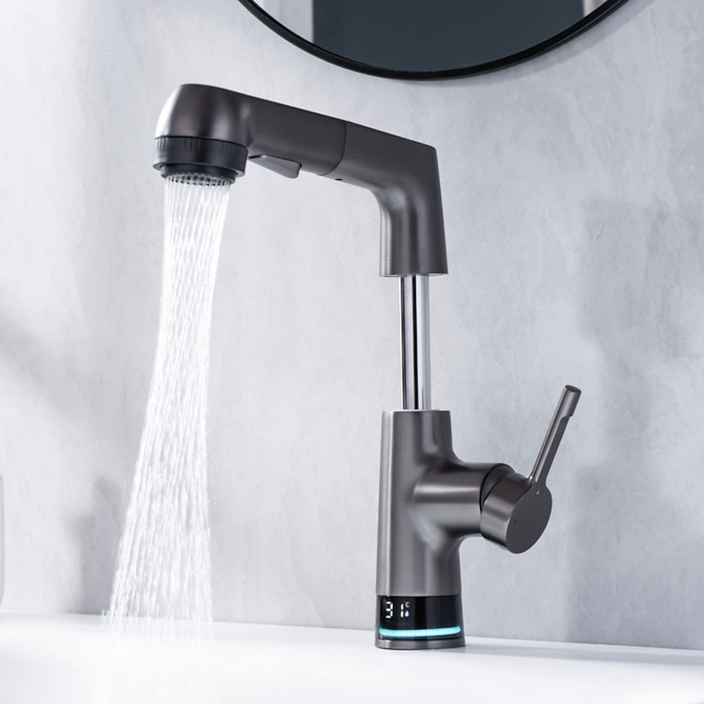 LED Digital Display Pull-Out Bathroom Faucet, Liftable Single-Handle Deck Mount Faucet, Gunmetal / Matte White / Chrome
