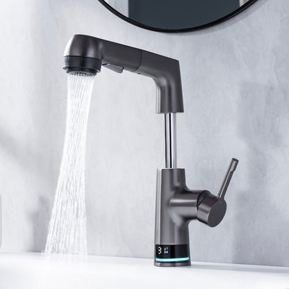 LED Digital Display Pull-Out Bathroom Faucet, Liftable Single-Handle Deck Mount Faucet, Gunmetal / Matte White / Chrome