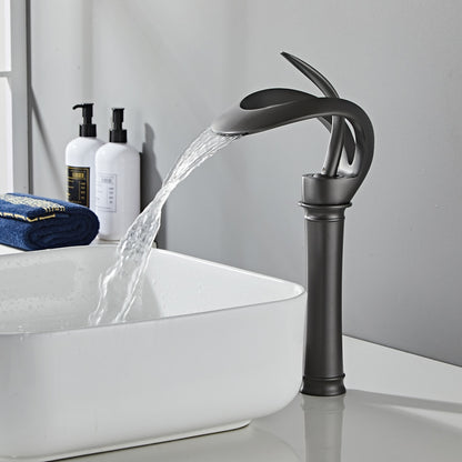 Waterfall Modern Bathroom Faucet, Single-Handle Single-Hole Brass Faucet, Matte Black / Chrome / Polished Gold / Gunmetal / Matte White