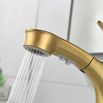 Pull-Out Single-Hole Bathroom Faucet, Single-Handle Brass Faucet, Brushed Gold / Matte Black / Matte White / Chrome / Gunmetal