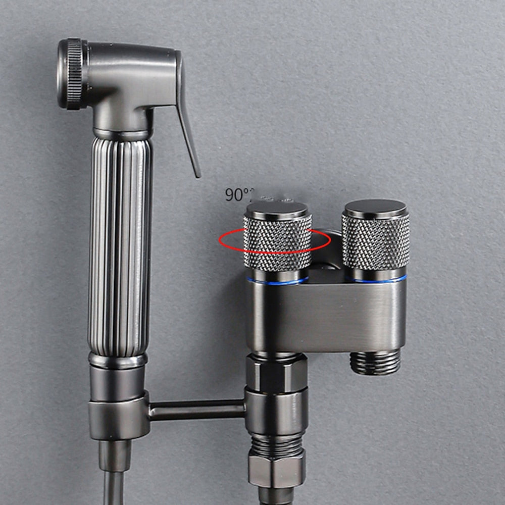 Dual-Handle Wall-Mount Bidet Sprayer, Solid Brass Shattaf Sprayer, Gray / Black / Silver