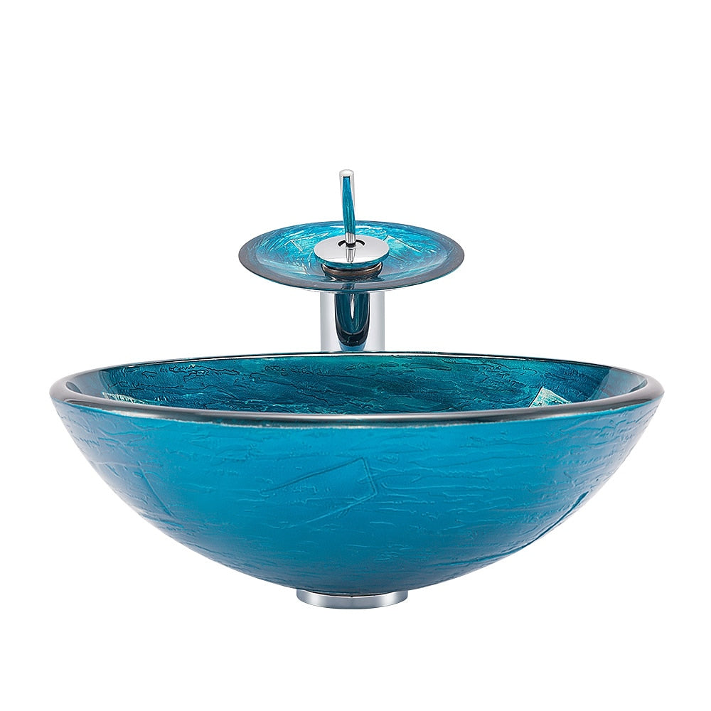Blue Tempered Glass Round Vessel Sink with Chrome Waterfall Faucet, Single-Handle Bathroom Faucet Combo with Pop-Up Drain