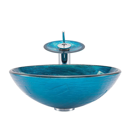 Blue Tempered Glass Round Vessel Sink with Chrome Waterfall Faucet, Single-Handle Bathroom Faucet Combo with Pop-Up Drain