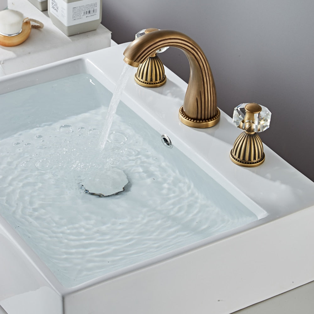 Traditional Antique Brass Widespread Bathroom Faucet, Double Crystal Handle High Arc Sink Faucet