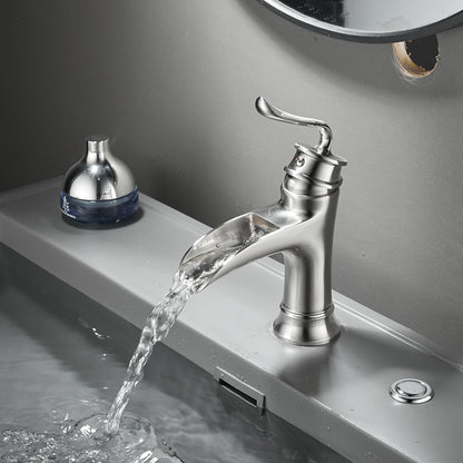 Waterfall Bathroom Faucet, Modern Single-Handle Brass Basin Faucet, Brushed Nickel / Matte Black