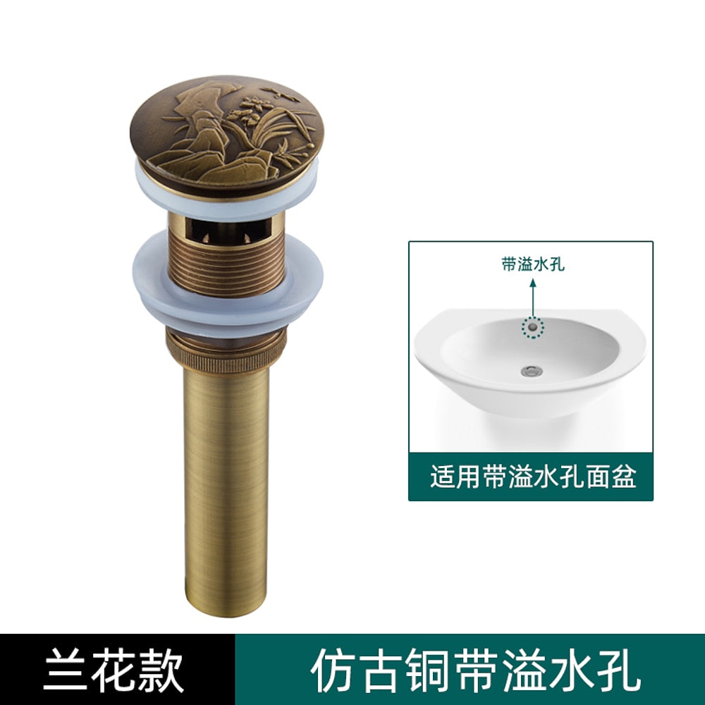 Antique Brass Engraved Bathroom Sink Pop-Up Drain, Solid Brass Vanity Basin Drain Assembly, With / Without Overflow