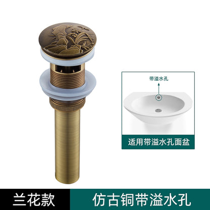 Antique Brass Engraved Bathroom Sink Pop-Up Drain, Solid Brass Vanity Basin Drain Assembly, With / Without Overflow