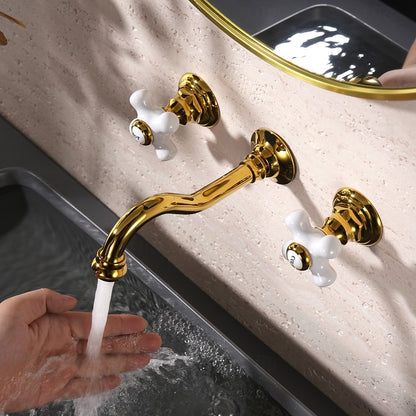 Vintage Wall-Mount Bathroom Faucet, Dual Cross Handle Brass Faucet, Polished Gold / Chrome